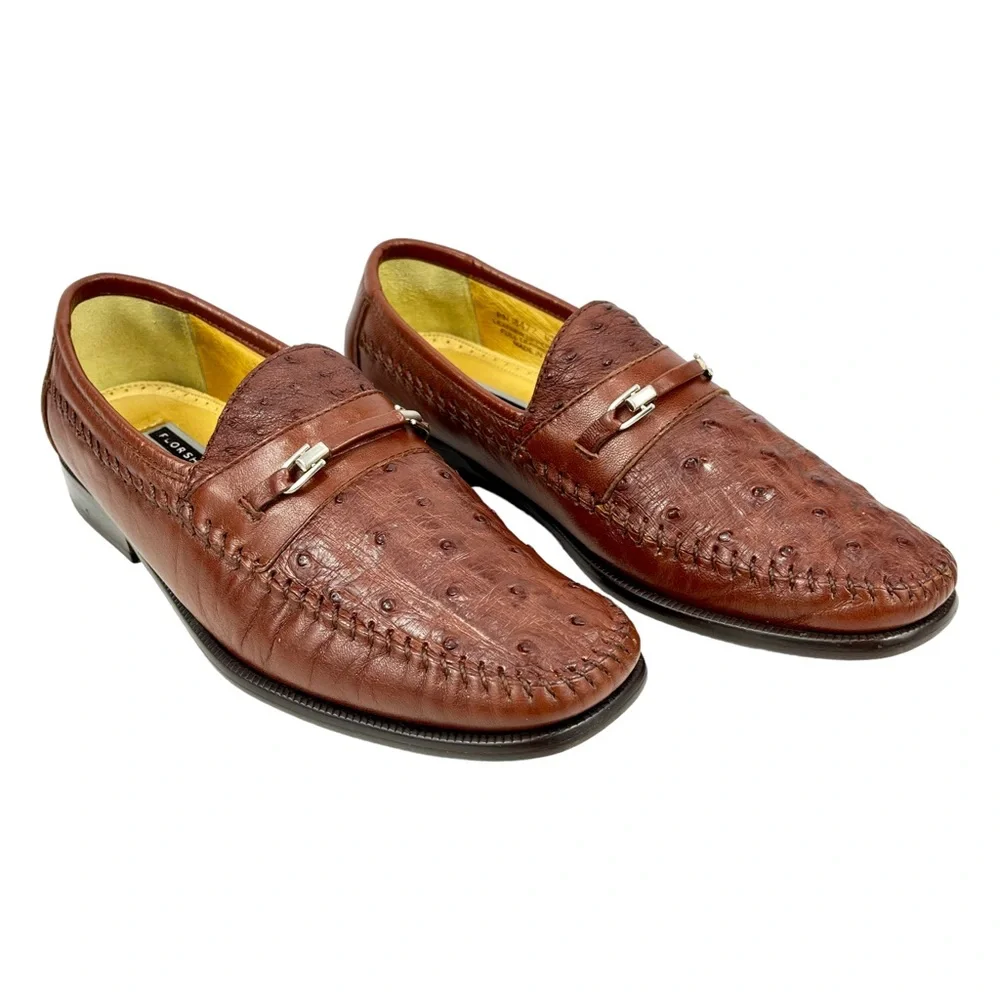 Florsheim Imperial Mens 8D Cognac Full Quill Ostrich Leather‎ Horse Bit Loafer